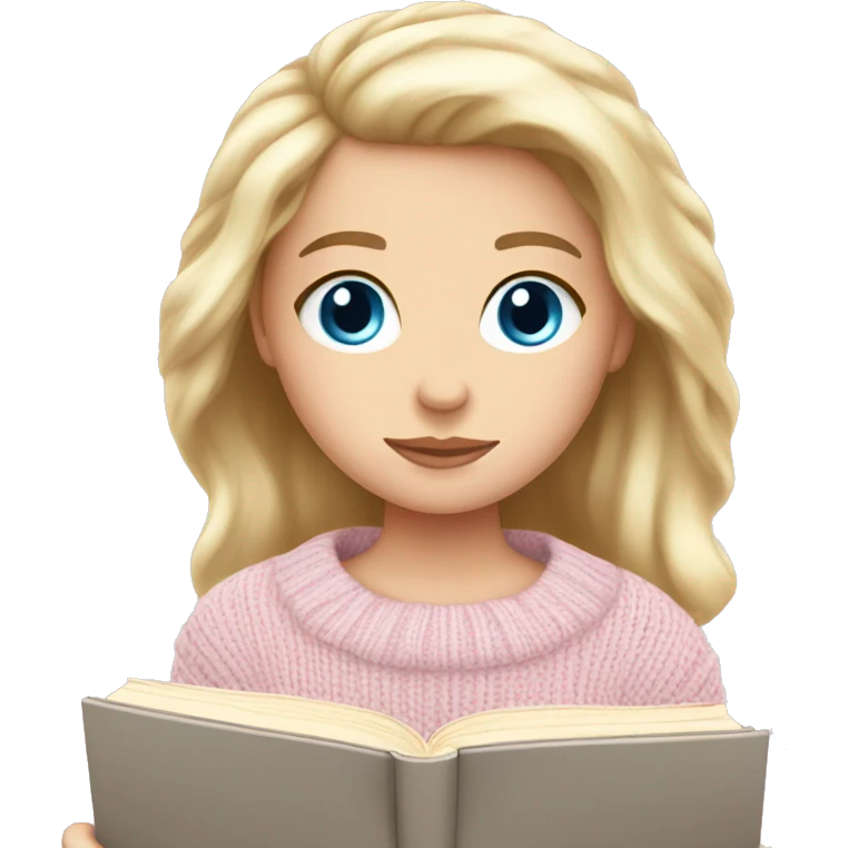 Pretty blue eyed white girl with light pink sweater reading cozy emoji