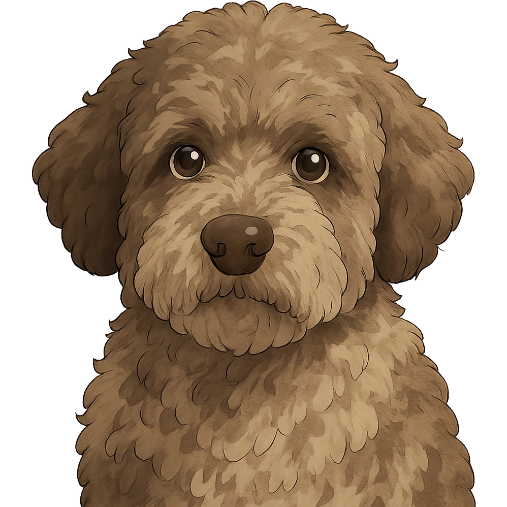 close-up portrait of Lagotto Romagnolo dog, fluffy roan fur, expressive eyes, ghibli style emoji