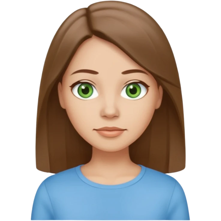 Adult woman avatar, light skin tone, oval face, straight long ash-brown hair, green eyes, neutral mouth, sky blue top emoji