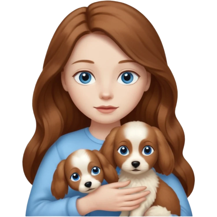 long hair chestnut color blue eyes woman holding small ivory dog emoji