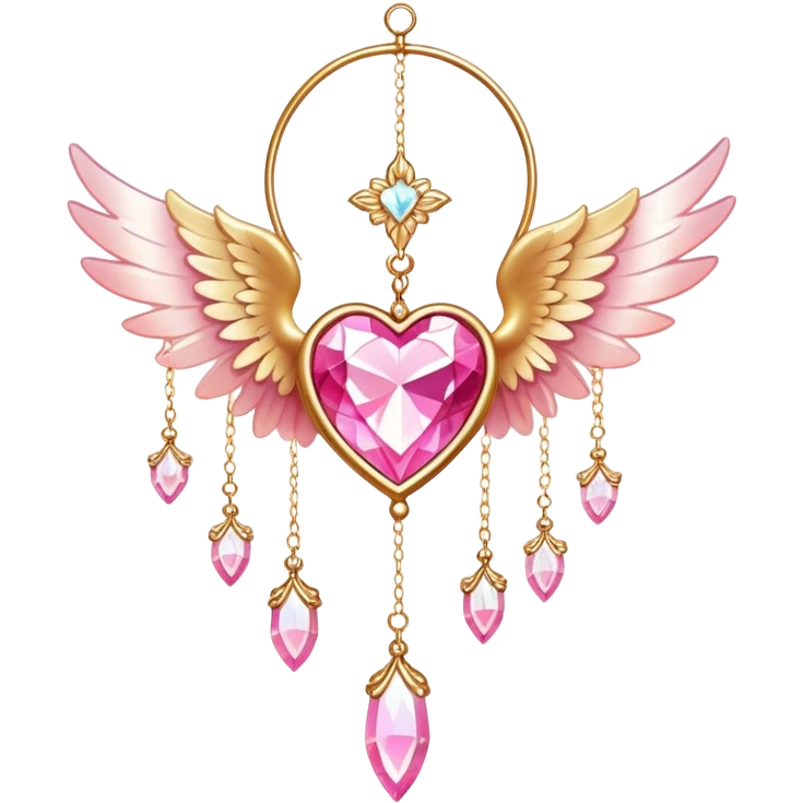 Reddish-pinkish and golden warm-colored romantic lush beautiful pretty hanging crystal-catcher aesthetic with hearts and sparkles and and white angel wings emoji