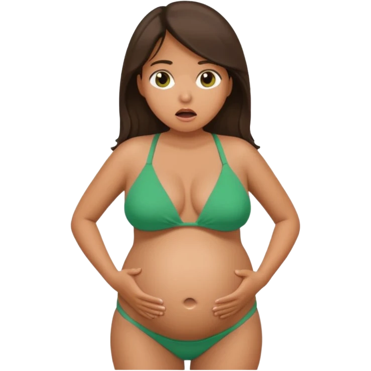 Latina girl, tan skin, pregnant, green bikini, shocked face, huge belly emoji