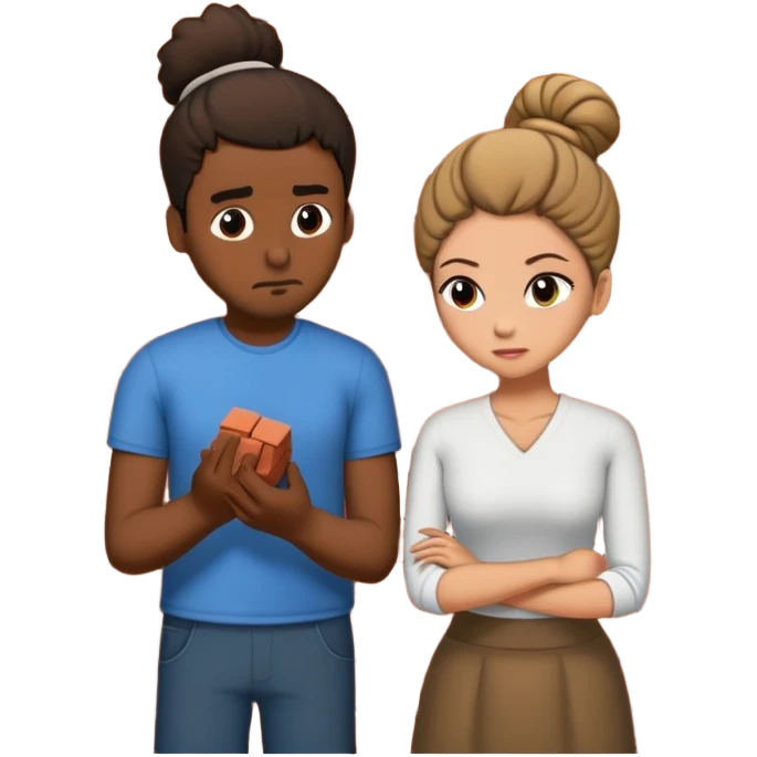 Black guy building brick wall from heartbroken tan lady with hair in bun emoji