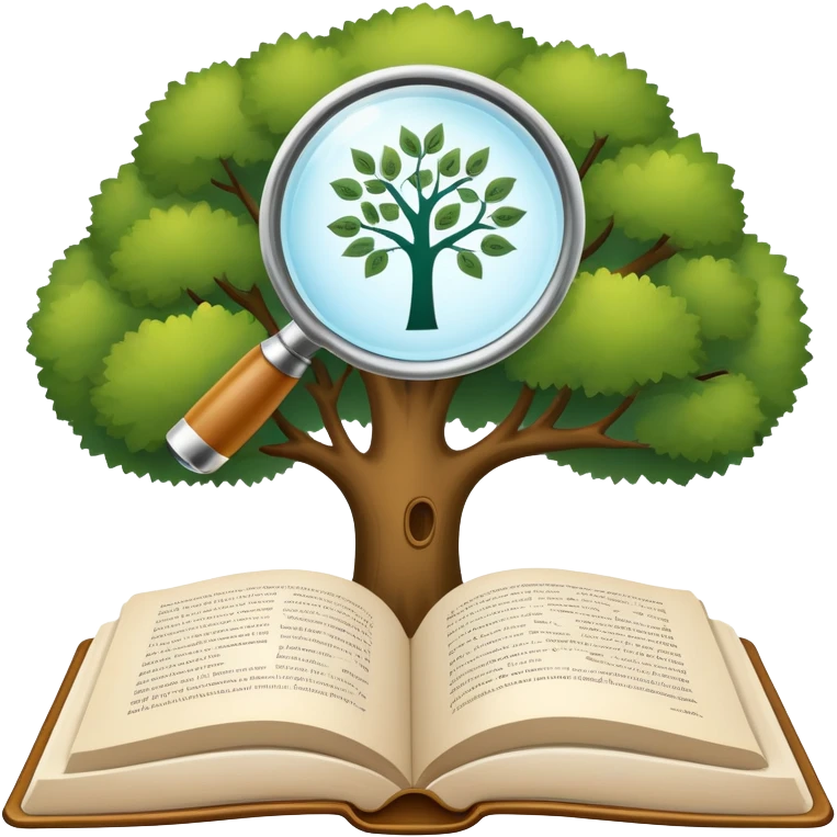 An icon featuring an open book, a speech bubble, and a linguistic tree, symbolizing philology and linguistics. The design includes alphabets, language symbols, and a magnifying glass, representing the study of language, structure, and meaning. Transparent background emoji
