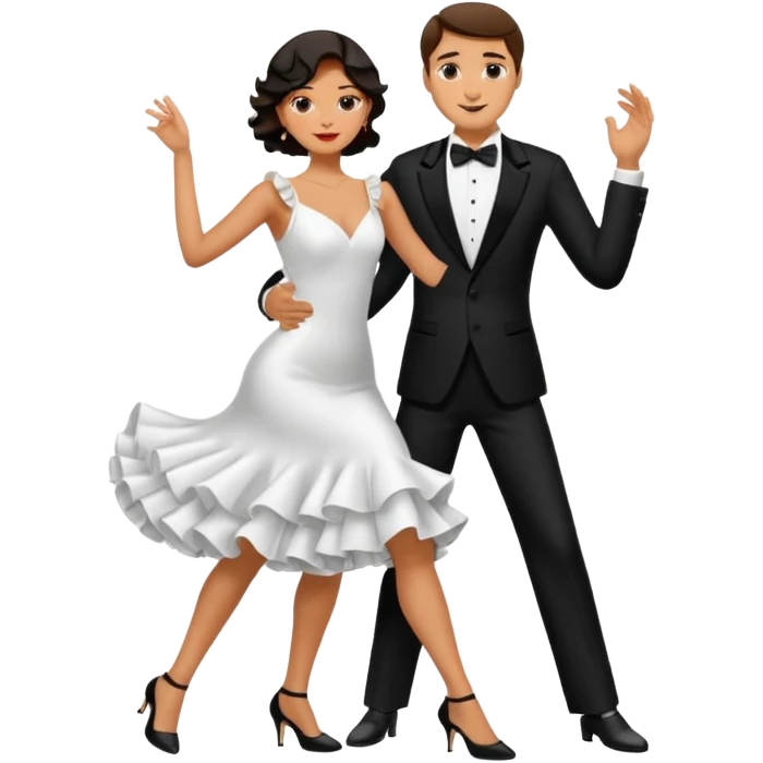 couple dancing tango conservative. White rafle dress and black tooawoman emoji