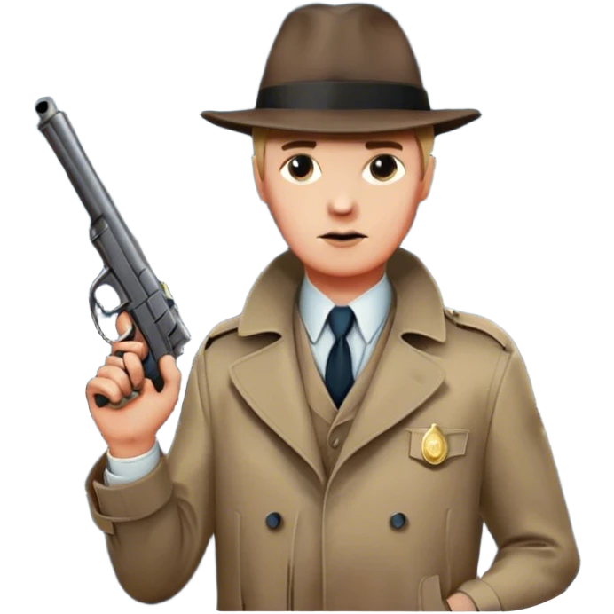 Icon for Detective Movie: A vintage movie poster-style design featuring a close-up of a detective with a gun on a dark London street under the full moon. The scene includes faint traces of blood on the asphalt, hinting at a murder. Retro cinematic typography. Transparent background. emoji