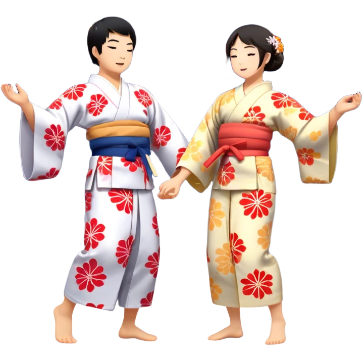 Cinematic Realistic scene of two performers engaging in Bon Odori, dressed in traditional yukata with intricate summer patterns, captured in graceful, rhythmic motion with warm, festive lighting emoji