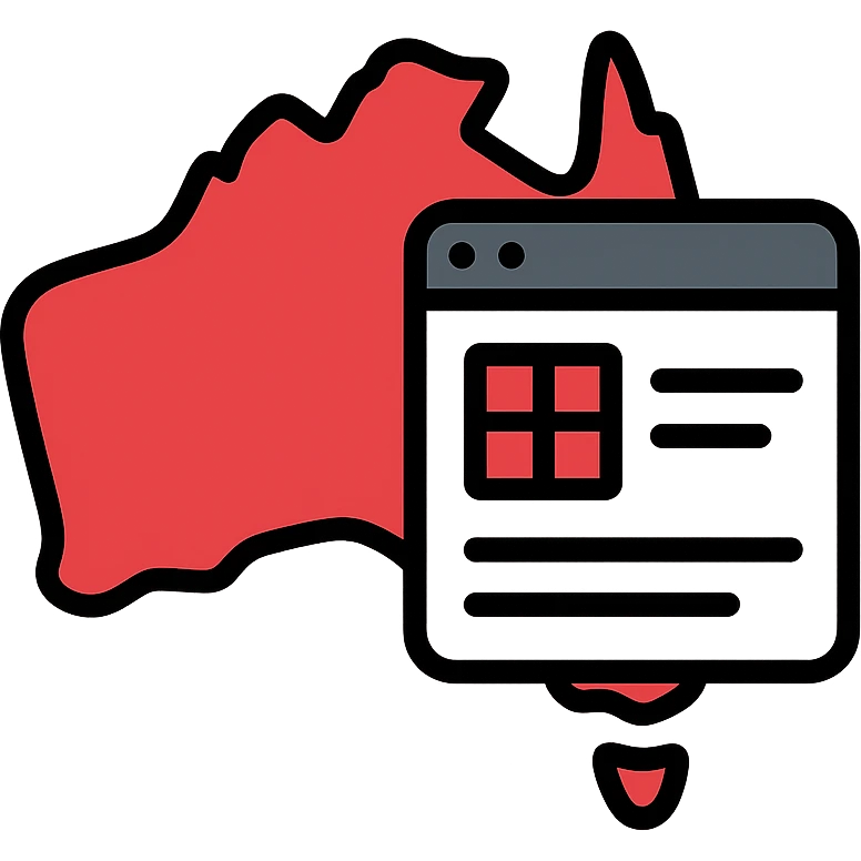 map of Australia with digital web page overlay, modern, red and white, Microsoft Power Pages theme icon emoji