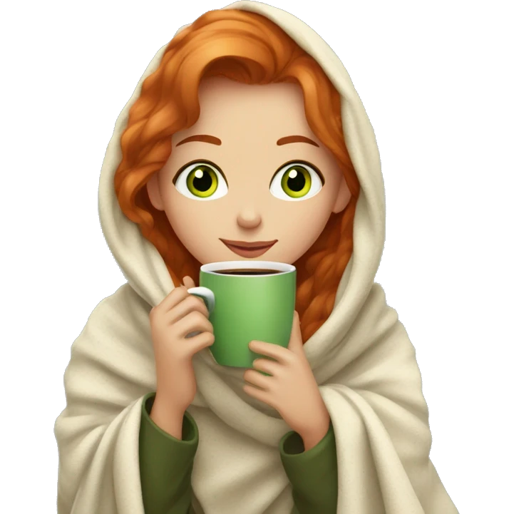 Girl with blondish red hair and green eyes sipping coffee in a cozy blanket emoji