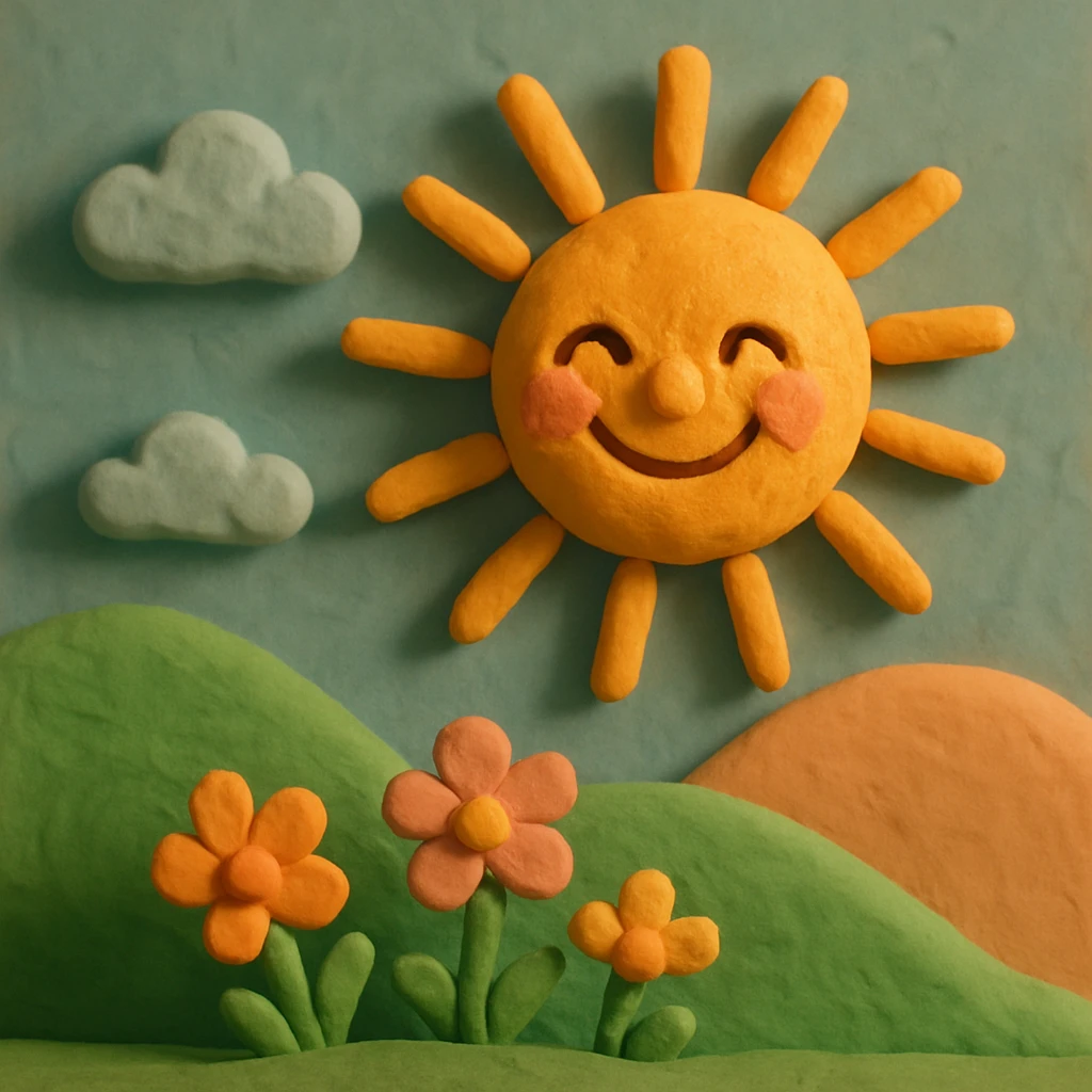 a smiling sun with rays, claymation style emoji