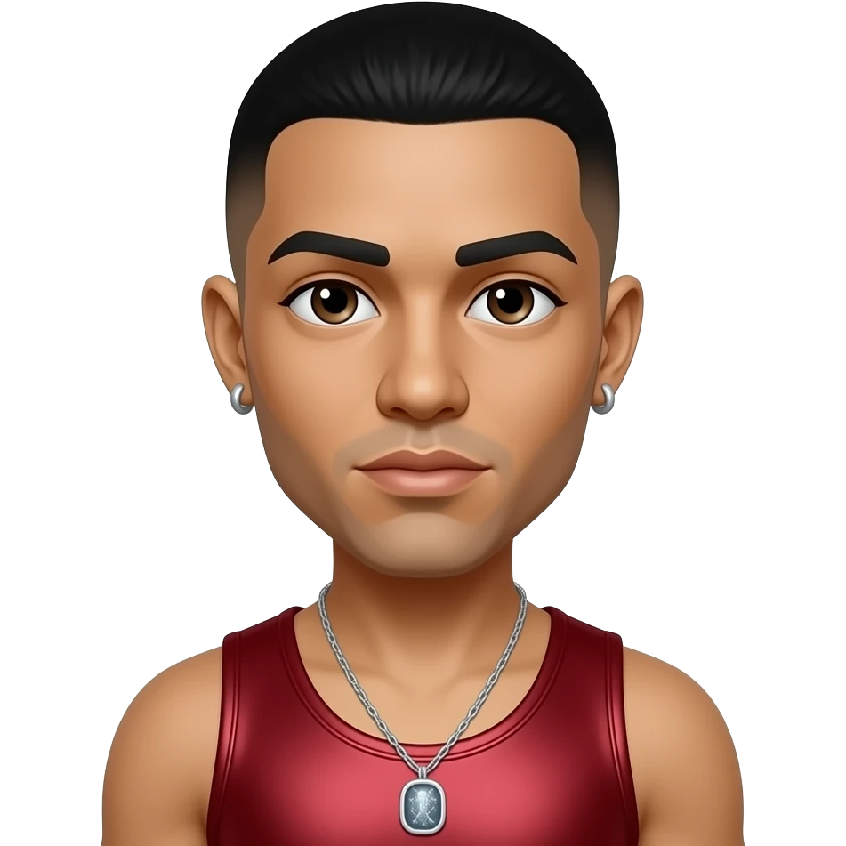 Raz-B from B2K with dark brown eyes, black caesar cut hair, deep red metallic tank top, necklace and earrings emoji