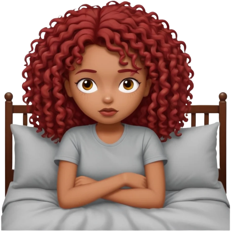 generate a pretty bratz brown skinned girl curly dark red hair, tired in bed in a grey tshirt bored. emoji