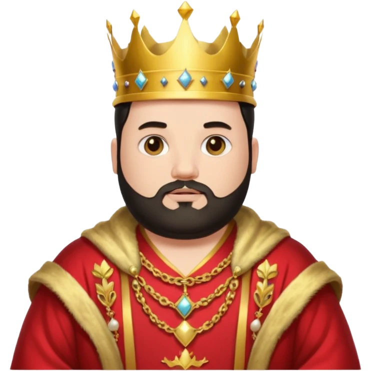 Bearded King, young fat king with short black beard, wearing crown, half body
 emoji