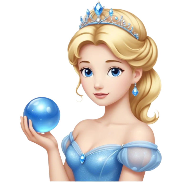 Cinematic Stunning Cinderella Portrait Emoji, Radiant in her sparkling blue ball gown, golden hair in a perfect updo, soft blue eyes full of wonder, glistening tiara, glowing with an ethereal beauty, regal yet kind, a dreamlike aura surrounds her, capturing the essence of a fairy tale princess, elegant and breathtaking! emoji