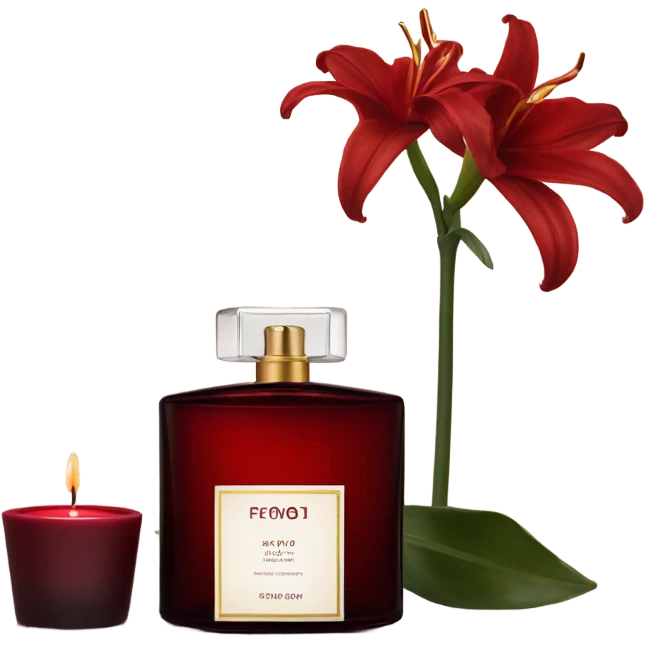 Dark red luxury perfume bottle with red lilies and a dark red candle emoji
