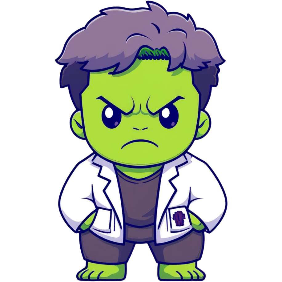 Chibi Bruce Banner transforming into Hulk, showing stages of transformation from nerdy scientist to green monster, cute big head style, adorable expression changing from worried to angry emoji