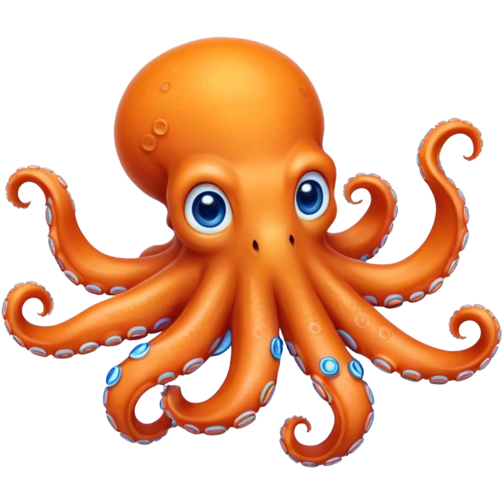 Cinematic Realistic Cute Octopus Portrait Emoji, Head tilted playfully and inquisitively, featuring a gracefully curving, compact body in vibrant orange adorned with delicate blue rings, and a charming, expressive face with round, sparkling eyes full of curious wonder; rendered with lifelike detail and soft natural highlights, high shine, affectionate and enchanting, styled with a touch of whimsical ocean magic, soft glowing outline, capturing the essence of a mischievous yet lovable octopus that seems poised to slither playfully into your arms! emoji