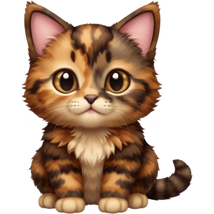 A high-resolution photo-realistic digital illustration of a brown multicoloured  tortoiseshell kitten, chest upward emoji