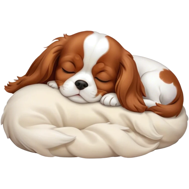 Cinematic cute Sleeping Cavalier King Charles Spaniel Portrait Emoji, cute and serene, with a round, endearing build and a plush, silky coat of rich chestnut and white, eyes gently closed in peaceful slumber, Simplified yet irresistibly endearing features, highly detailed, glowing with a gentle, dreamy glow, high shine, relaxed and content, stylized with a touch of whimsy, bright and heartwarming, soft glowing outline, capturing the essence of a blissfully sleepy companion, so comically serene it feels like it could roll out of the screen and snore with adorable charm! emoji