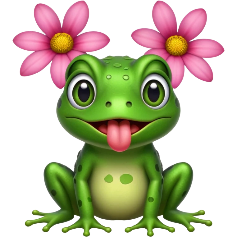 A frog with flowers, all around it sticking out its tongue like a dog emoji