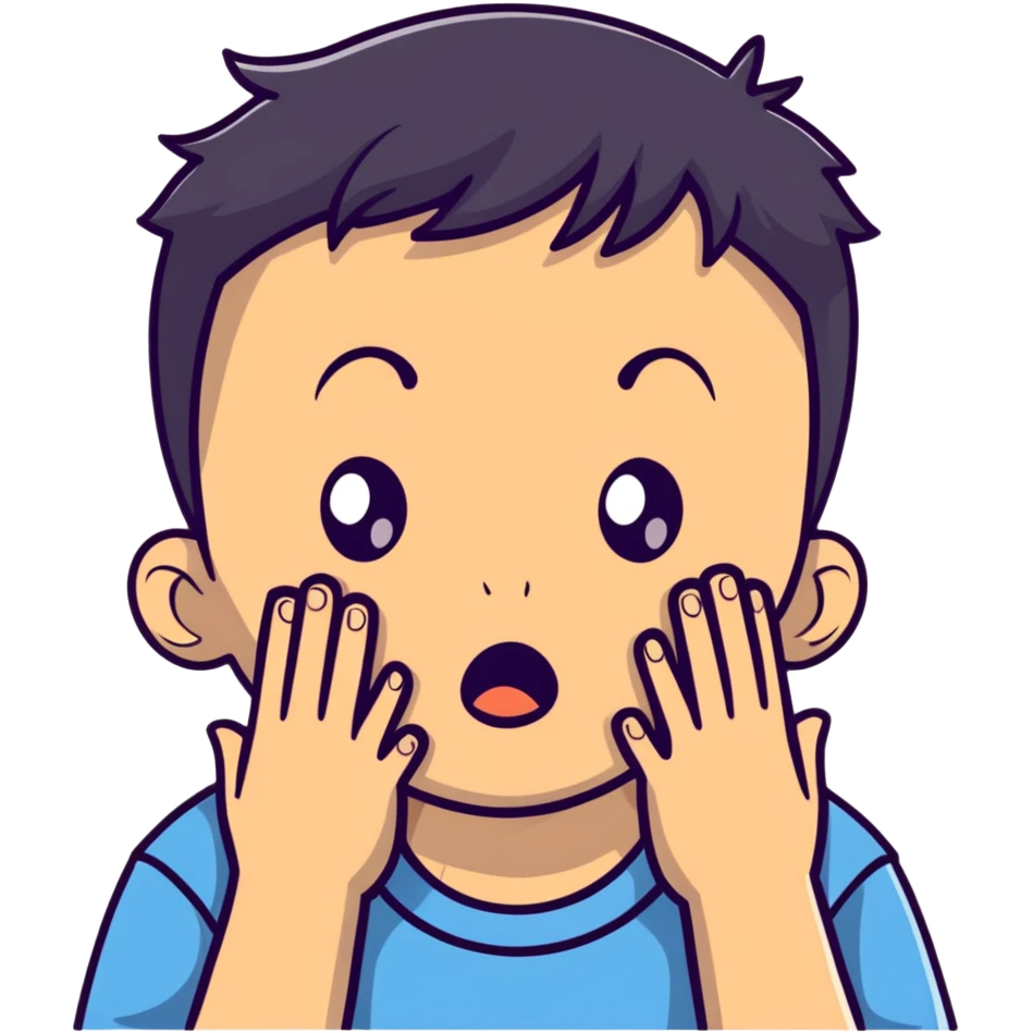 A young boy with both hands pressing on his cheeks, looking amazed or shocked emoji