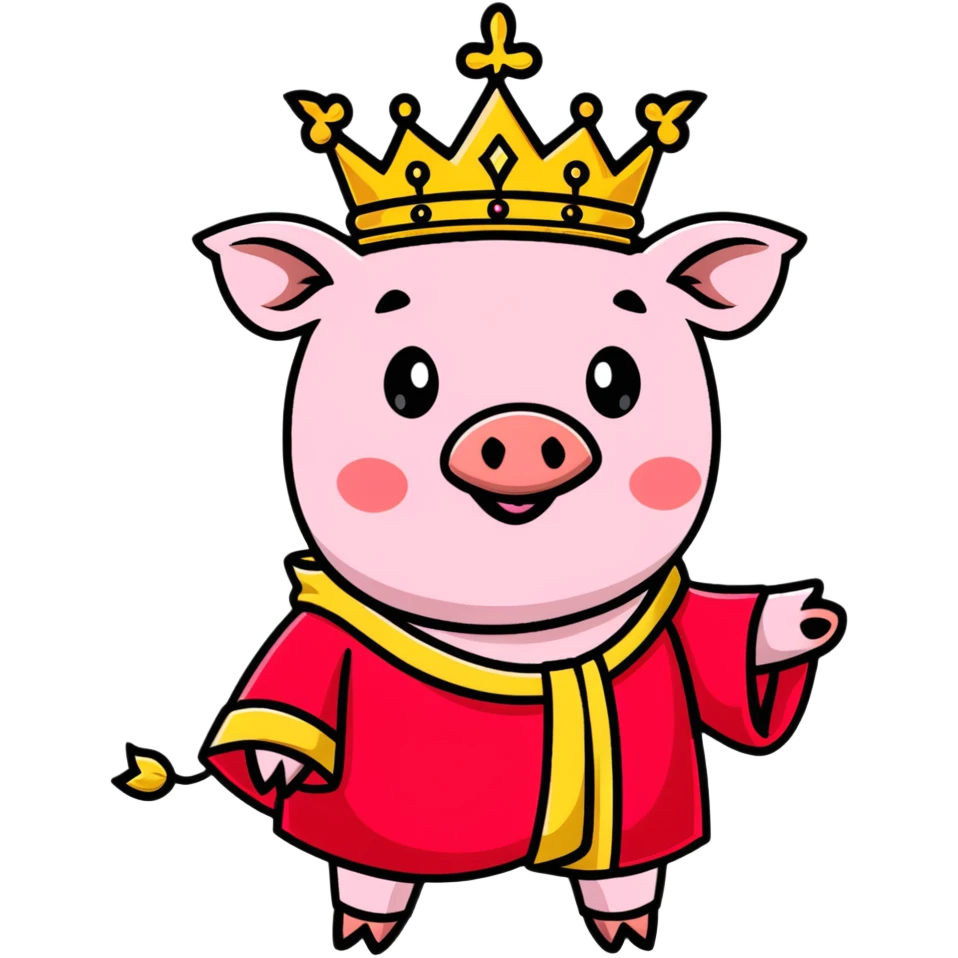 Pink pig wearing a golden crown and royal red robe, Technoblade emoji