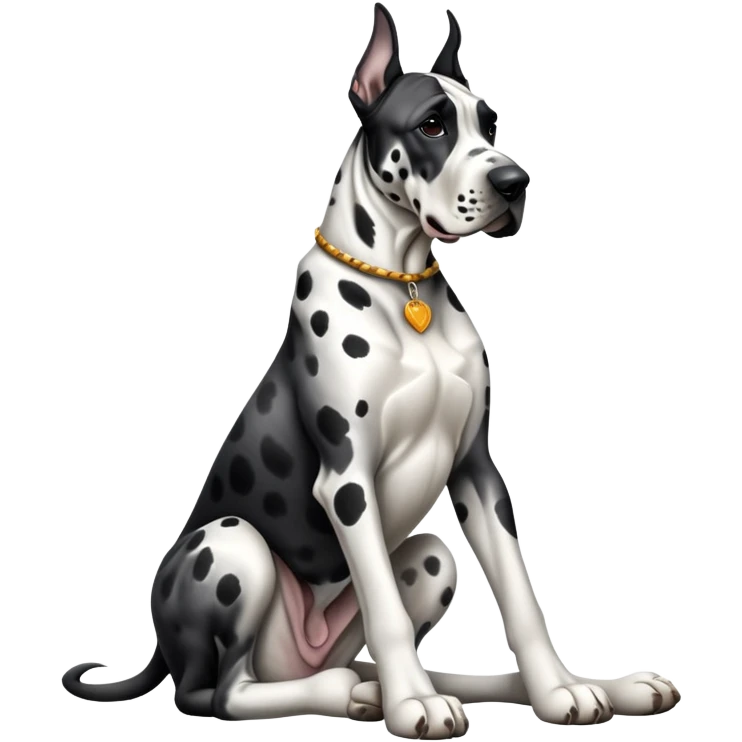 cinematic-[spotted great dane]-realistic-full-body-sitting-emoji,-tail-resting-loosely-beside-its-paws,-head-tilted-dramatically, ears drooped, -sleek-[black and white]-fur,-simplified-yet-realistic-focused-features,-highly-detailed,-glowing-with-an-almost-sarcastic-glow emoji