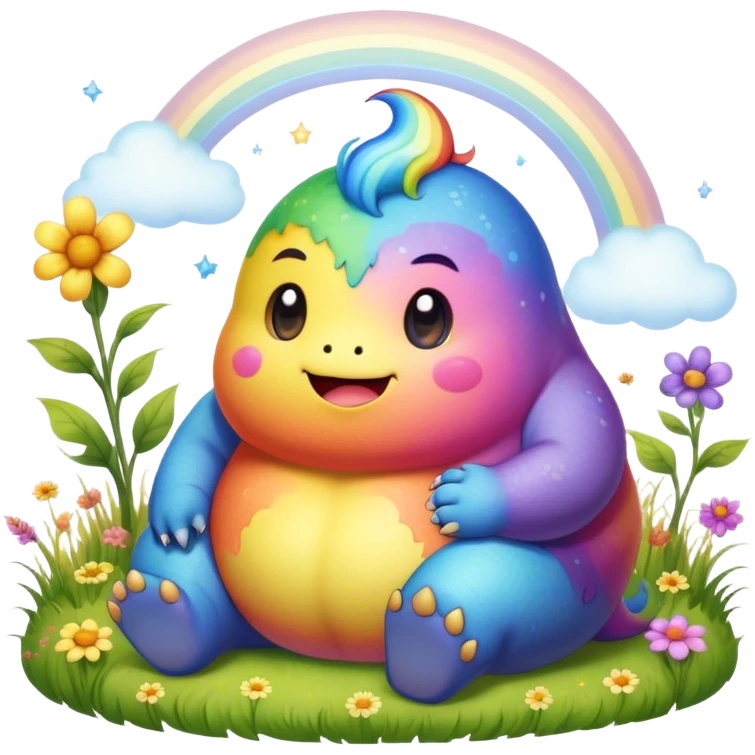 Kawaii derpy fat rainbow monster sitting in a magic field, rich textures, visually detailed, so lifelike that it feels like it could leap off the page at any moment emoji