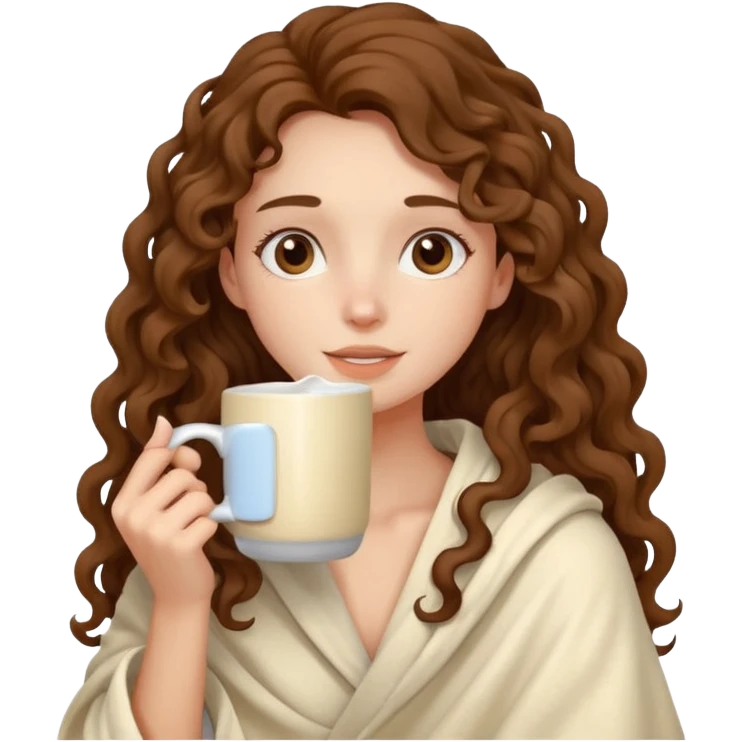 a slender girl with fair skin with long curly brown hair her shoulders are covered with a cream blanket in her hands a white mug her face is calm emoji