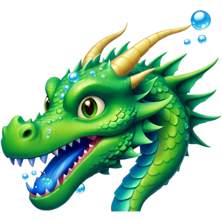 a green dragon with bue teeth breathing bubbles emoji