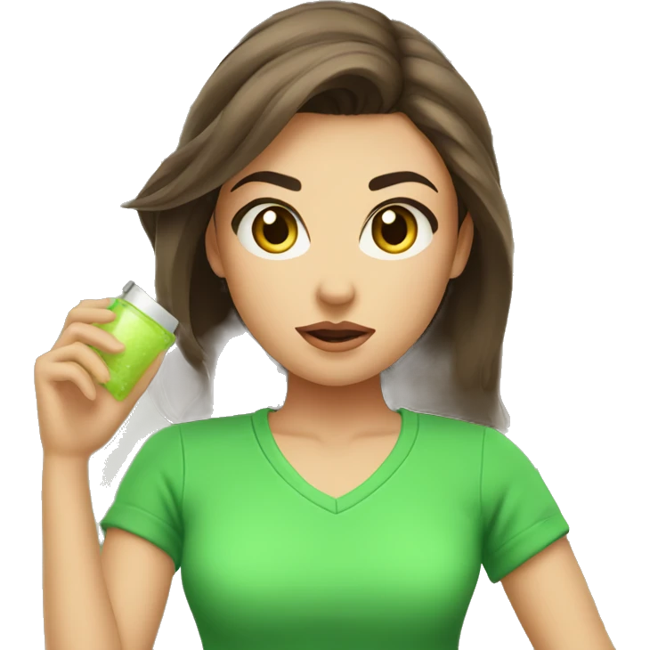 angry face with brunette hair and make it attractive and a girl and with green clothes on and holding skincare products emoji