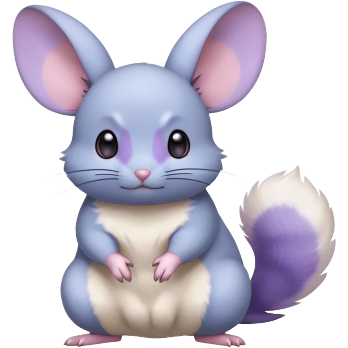 Light-pastel-blue rodent-chinchilla-Minccino-Pokémon-Fakémon-fusion-hybrid-Pokémon-animal-creature, full body with purple-violet-pinkish round cheek markings  emoji