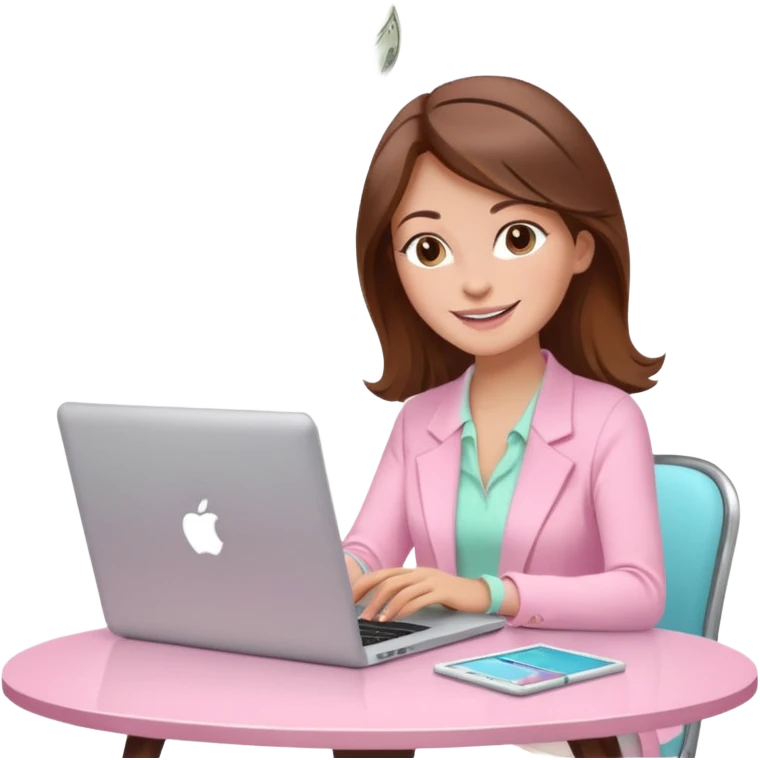  woman character with laptop and coffee relax table, dollars are floating, colorful pastel pink outfit, white laptop, brownn hair, fair skin,  emoji