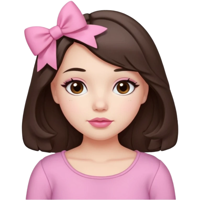 A cute slightly plump, fair-skinned girl with loose, slightly wavy, layered shoulder-length hair, dark brown eyes, and light pink lips. She wears coquette pink clothes, a small pink bow, and slightly rosy cheeks. emoji