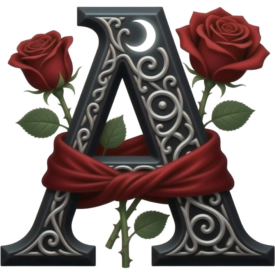 A heavy obsidian letter 'A' with silver filigree engraving. Deep red velvet roses with thorny stems wrap around the letter. Glowing moonlight effect, dark and moody atmosphere, high contrast, cinematic emoji