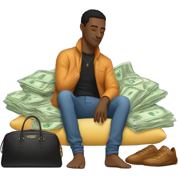 man sleeping on pillow and dreaming about a Porsche, money, birkin bag, credit card and luxury clothing brand bags emoji