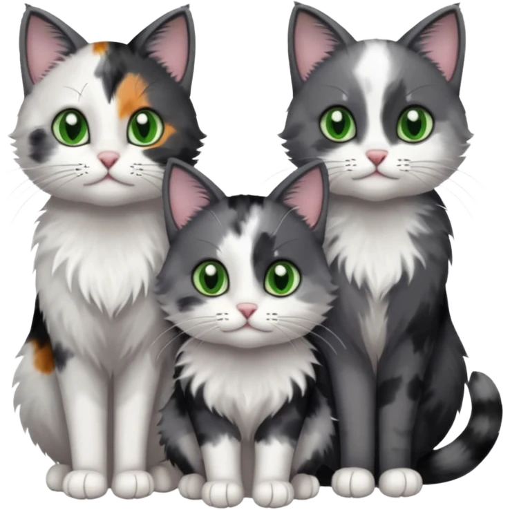 3 different coloured small cats including a dark grey and white, and a patchy calico and a completely solid dark grey with green eyes and only white paws\ emoji