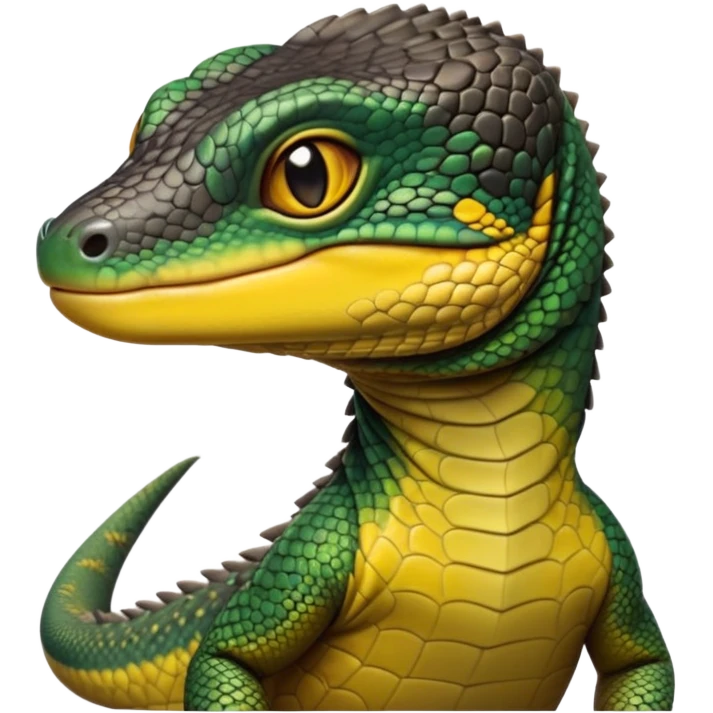 cinematic-realistic-cute-monitor-lizard-portrait-emoji,-head-tilted-playfully-and-inquisitively,-featuring-a-compact,-agile-body-with-finely-detailed,-glossy-scales-in-earthy-black and yellow-hues-and-a-distinct,-alert-face-with-bright,-curious-eyes, black , yellow spotted and green band  scales and a slender neck emoji
