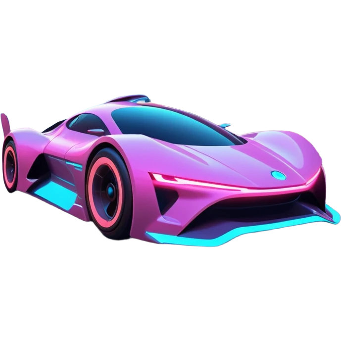 A futuristic racing car with glowing neon lights, sleek aerodynamic design, and a cyberpunk cityscape in the background. The car is speeding through a neon-lit street with high-tech buildings and holograms." emoji