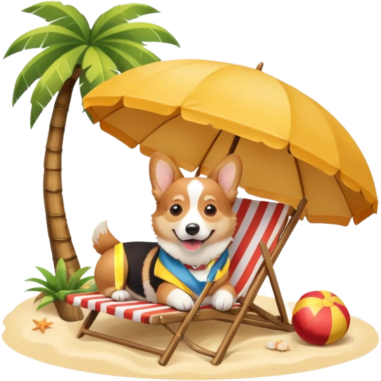 a corgi dog laied on a beach chair, a sunny beach, a sun umbrella, and beach coconut trees. the icon should capture the essence of a relaxing beach vacation with a carefree atmosphere emoji