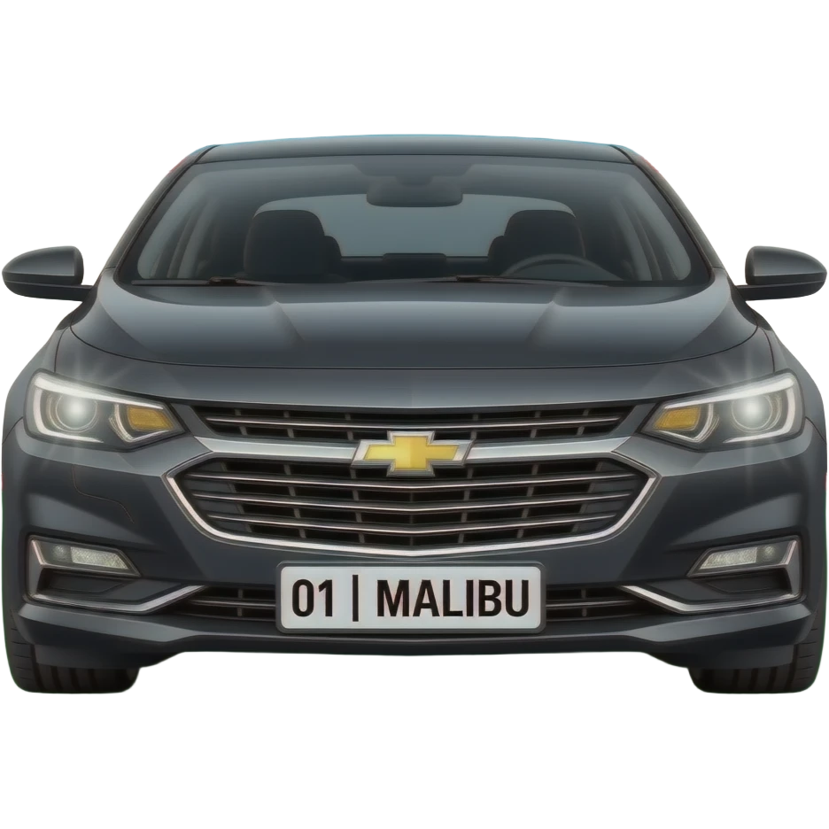 A realistic icon emoji of a metallic black sedan Chevrolet Malibu 2.0L Turbo Premier, wide shot, dark charcoal tint windows, chevrolet logo, black alloy 5-spoke rims, Dynamic white glow LED headlights with glowing effect, uzbekistan region flag, number texts "01 | MALIBU" in plate emoji
