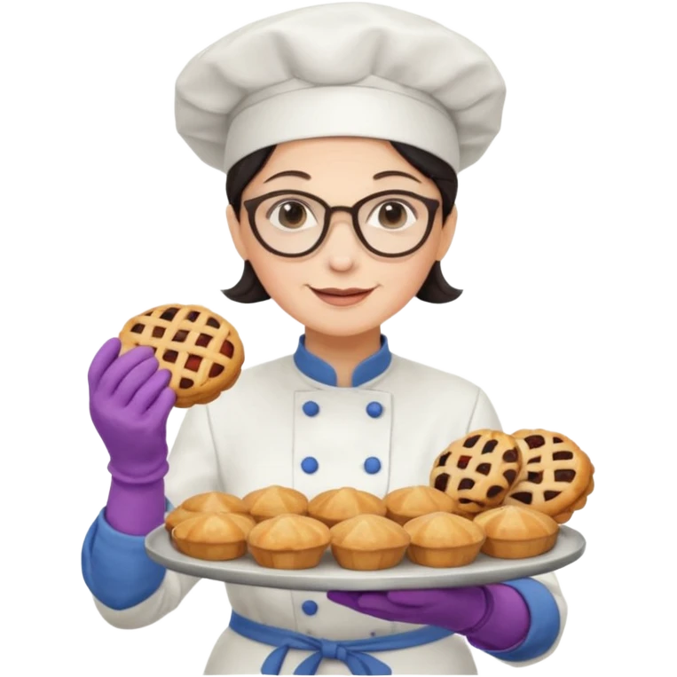 Older female pastry chef – round glasses, oven mitts on, holding a tray of pastries.

 emoji