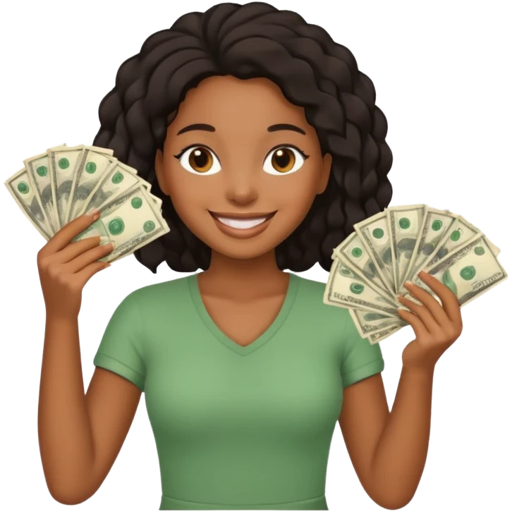 A black girl holding a lot of money on her hands and smiling  emoji