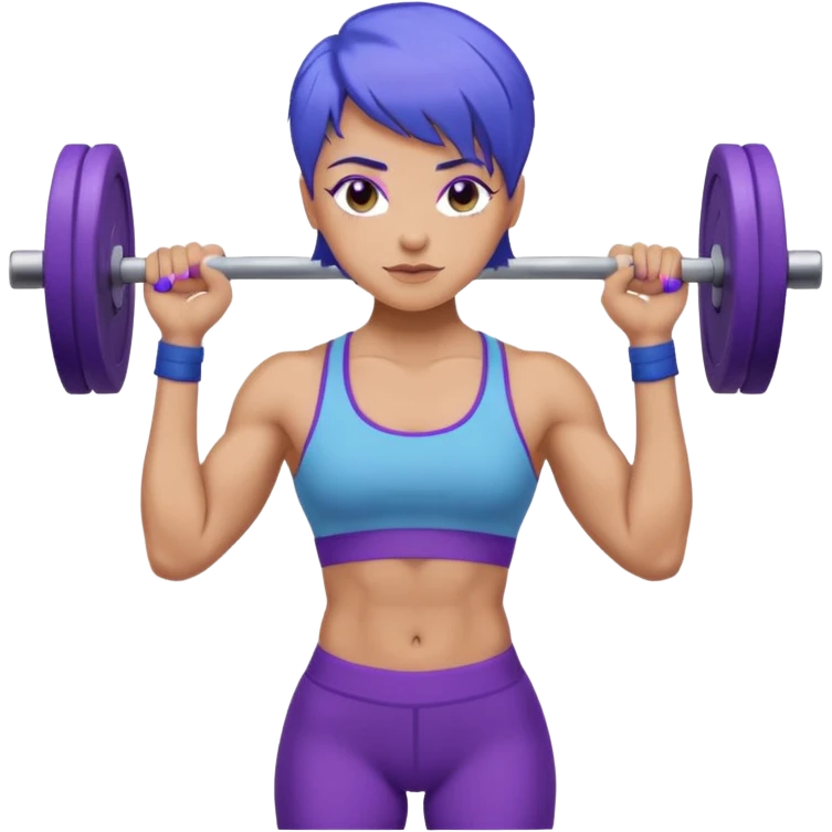 weight lift woman short blue purple har muscles bar is not growing from head emoji
