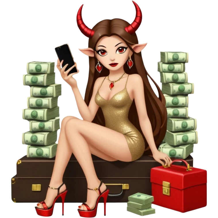 Sensual seductress long brown straight haired sexy drug lord woman with  glitter platform high heels on her feet,  and devil black horns on her head, holding a stack of cash, has a phone in other hand. Sitting on  Cases of drugs. Evil  emoji