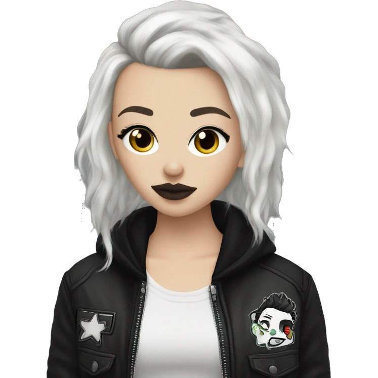 White girl, black dyed hair. She has a stretched black septum nose piercing, and wears a punk jacket emoji