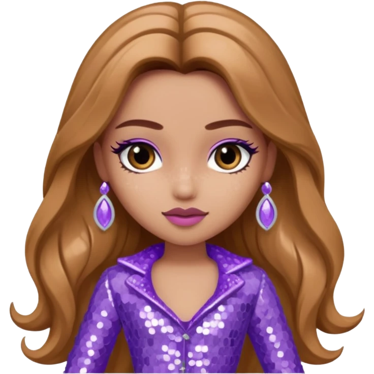 Yasmin from Bratz with long light brown hair and lavender sequin outfit emoji