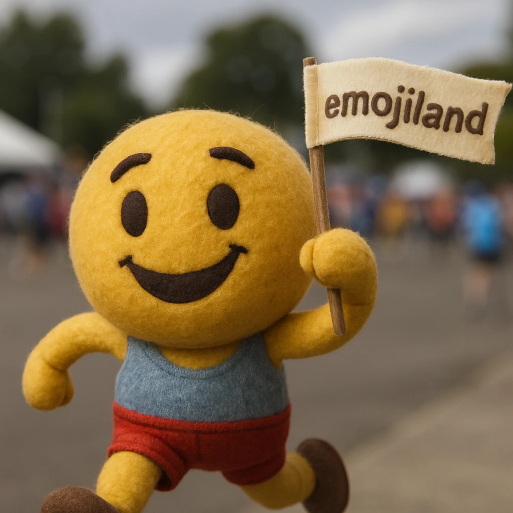 happy runner waving a flag that says 'emojiland' emoji