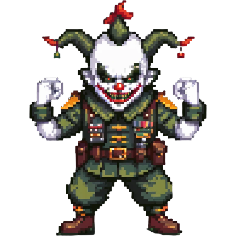 evil clown soldier, bald, short forehead horns, fangs, pointed ears, black and military green clothes, fighting stance emoji