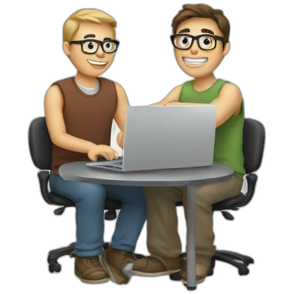 two geeks working together with a computer emoji